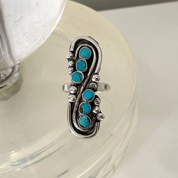 Vintage Zuni Ring Blue Gem Turquoise Sterling Silver Native Dishta Style - Picture 9 of 10
